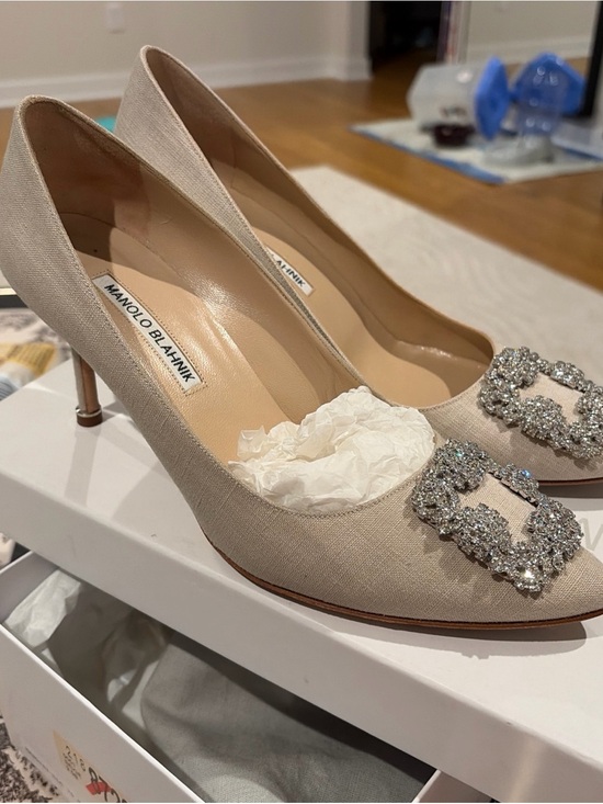 Manolo Blahnik Shoes - Manolo Blahnik Linen Heels with Crystal Embellished Buckle Hangisi 70MM 39.5